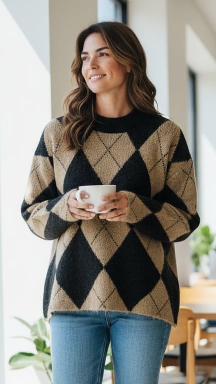 Kvinde iført ternet sweater holder en kop og ser ud ad vindue i lyst rum.