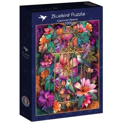 Puslespilæsken "Bluebird Puzzle" med titlen "Captured Beauty" viser en detaljeret illustration af to farverige kolibrier ved en dekorativ gylden fuglebur omgivet af frodige, farverige blomster.