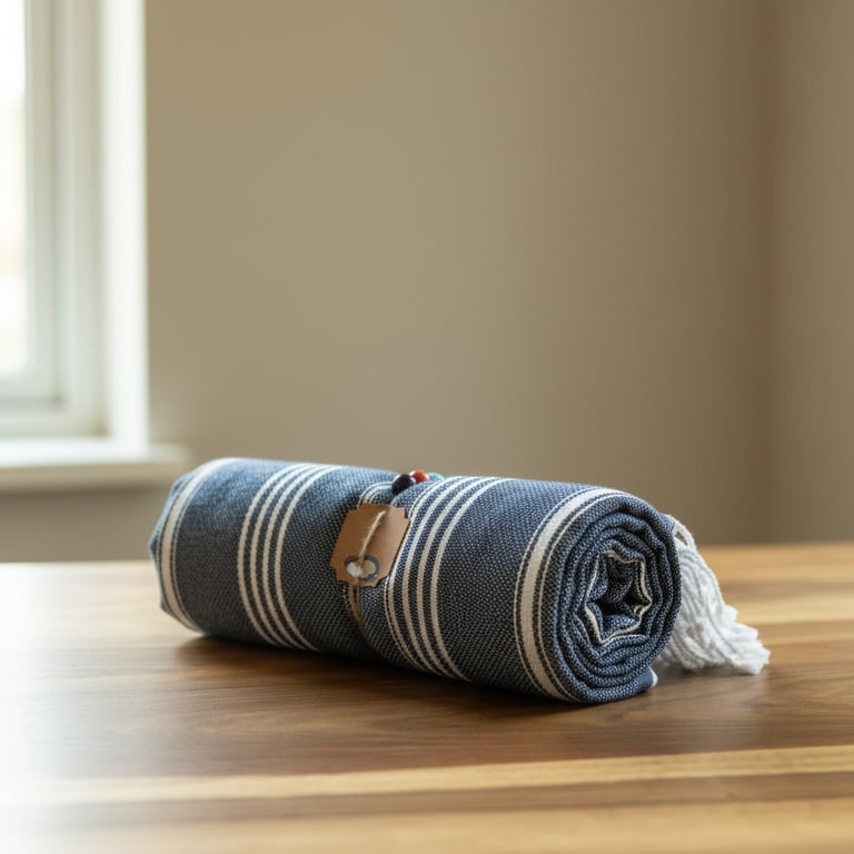 Rullet blå og hvidstribet bomuldshåndklæde med frynser, lagt på et træbord nær et vindue.