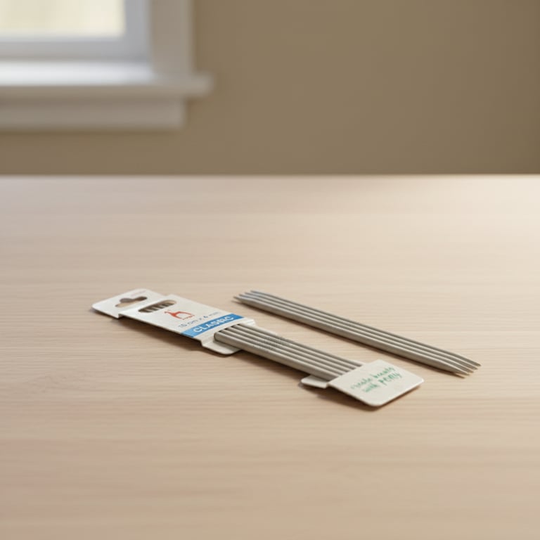 Et sæt af grå strikkepinde af bambus liggende på et lyst træbord med en neutral væg og et vindue i baggrunden.