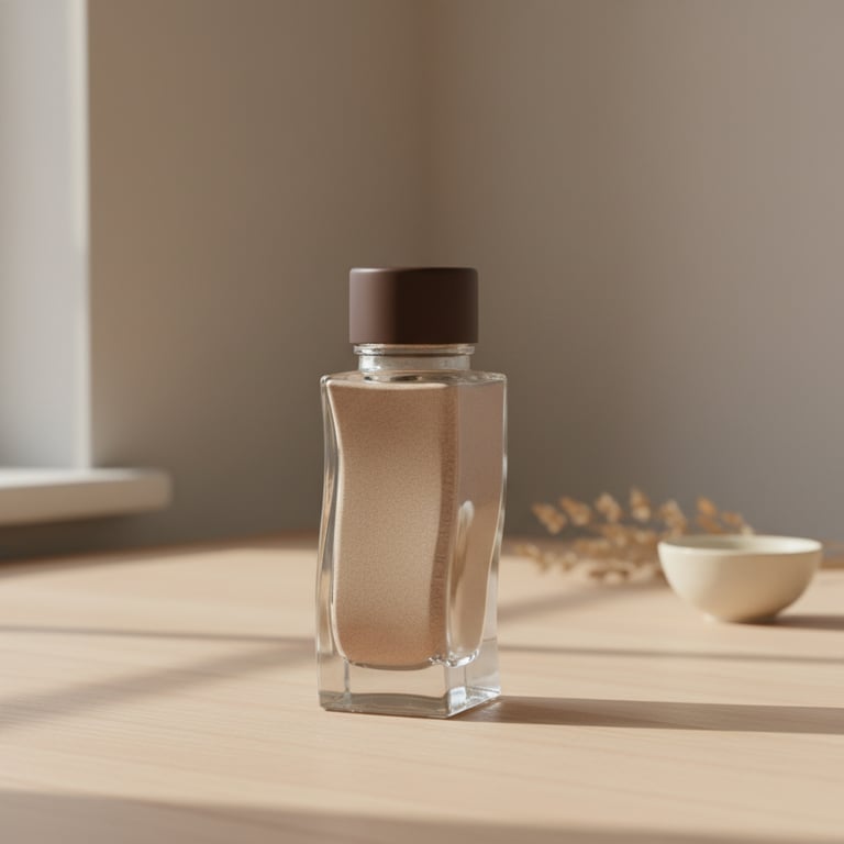 En gennemsigtig glasflaske med brunt låg, placeret på et lyst træbord med blødt dagslys og en lille skål og tørret plante i baggrunden.