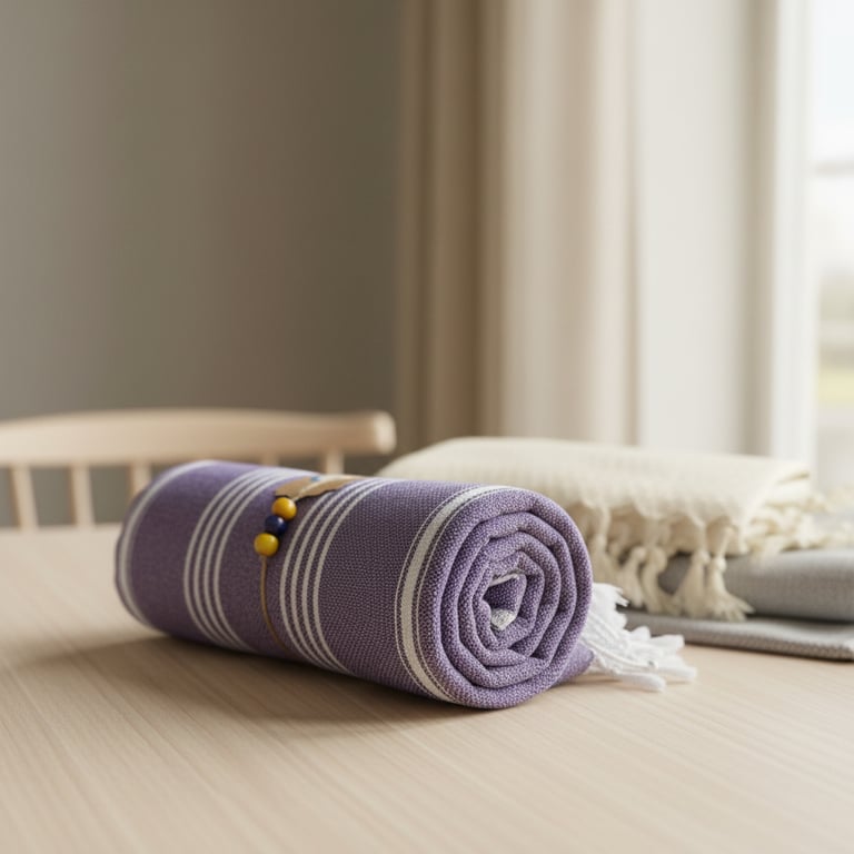 Rullet lilla og beige plaid lagt på et lyst træbord med en træstol og vindue i baggrunden.