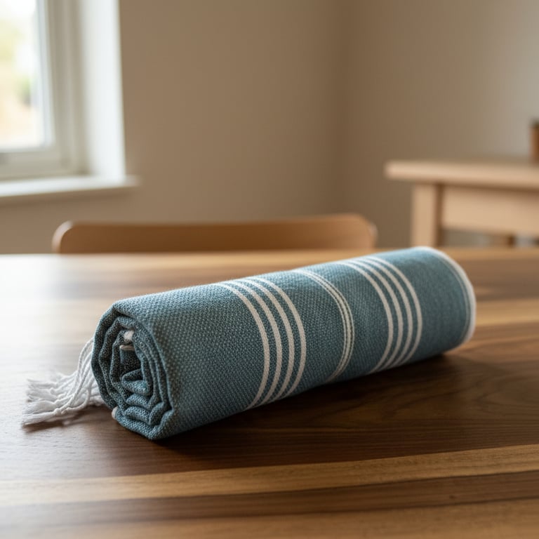 Rullet blå og hvid stribet stofhåndklæde på træbord i et lyst rum.