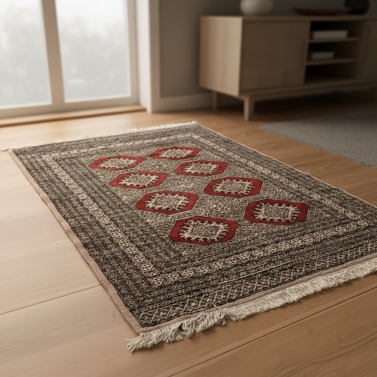 Tæppe med geometrisk mønster i røde og beige nuancer, lagt på lyst trægulv i et rum med moderne møbler og stort vindue.