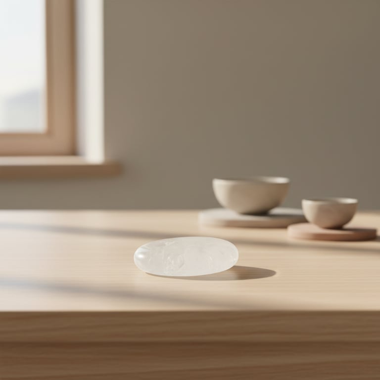 En klar, ovalformet sten på et lyst træbord med bløde skygger og to små beige skåle på cirkulære underlag i baggrunden ved et vindue.