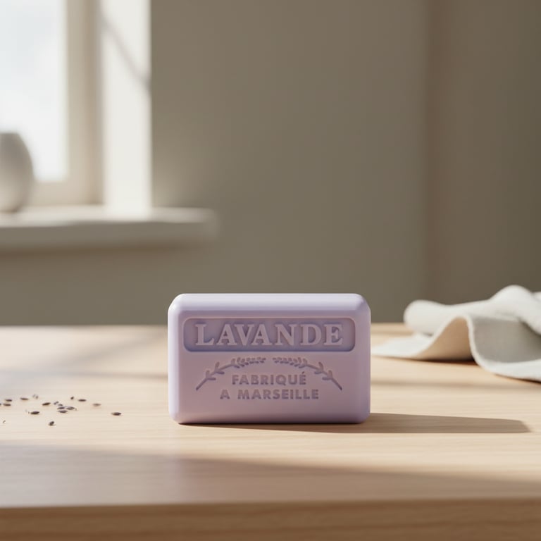 Lilla sæbebar med teksten "Lavande Fabriqué à Marseille" på et lyst træbord med sollys og et vindue i baggrunden.