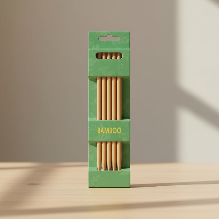 Billede af en grøn æske med bambus skeer, stående på et lyst træbord mod en neutral væg.