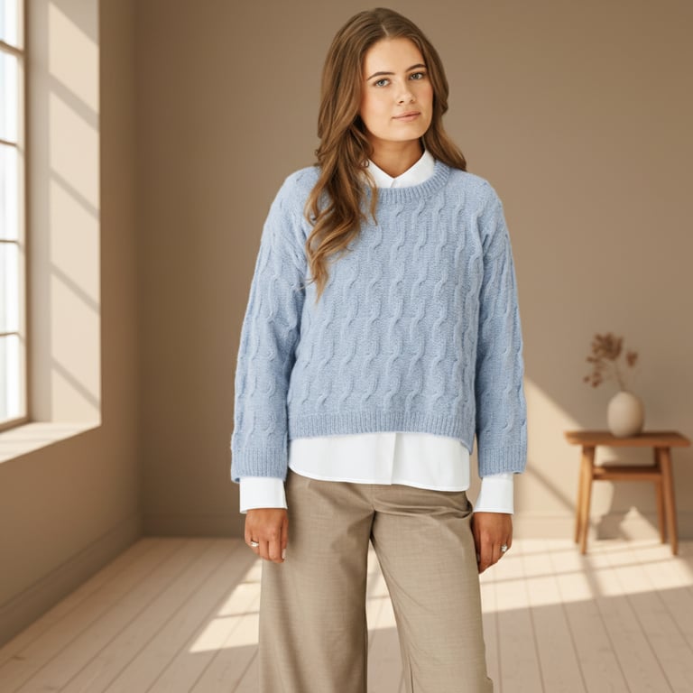 Ung kvinde iført lyseblå strikket sweater og beige bukser, stående i lyst rum med trægulv og vindue med dagslys.