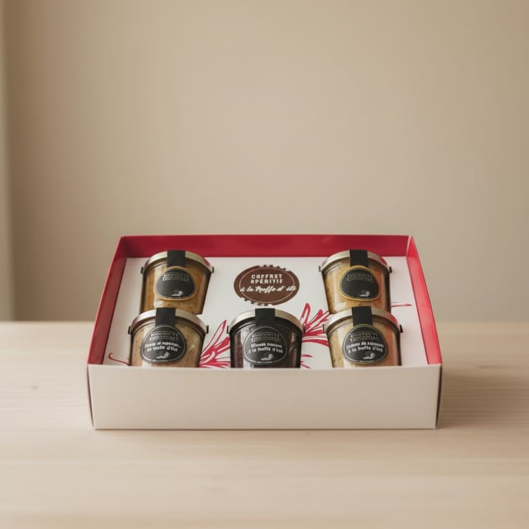 Gaveæske med fem små glas med forskellige aperitif-tilbehør på et lyst træbord.