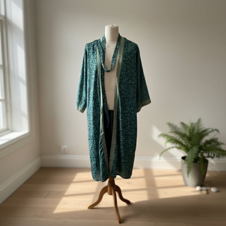 Mannequin med en åben, grøn kimono med mønster, stående i et lyst rum med trægulv og en plante i en potte ved siden af.