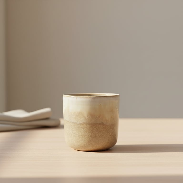 Sandfarvet krus. 330 ml.  H: 7,5 cm