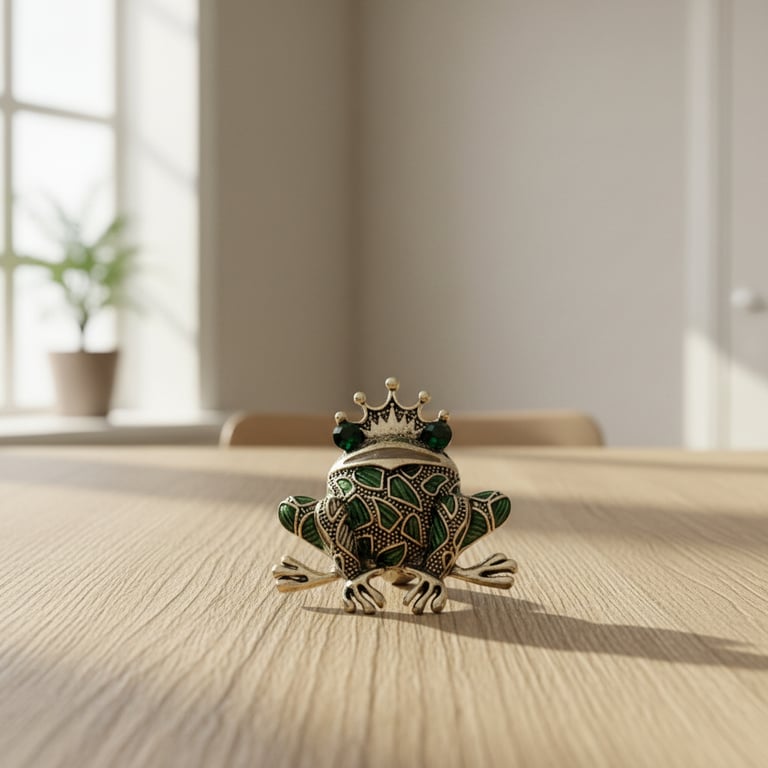 Figur af en frø med krone, dekoreret med grønne og sølvfarvede mønstre, placeret på et træbord i et lyst rum.