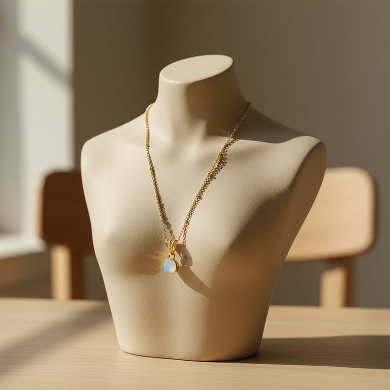 Mannekine med gyldent halskæde med rund, hvid perlemorsvedhæng, placeret på lyst bord med blødt sollys. (5)