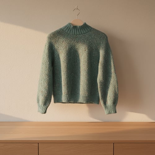 Strikket grøn sweater hængende på en bøjle over et lyst træskab mod en beige væg. (4)