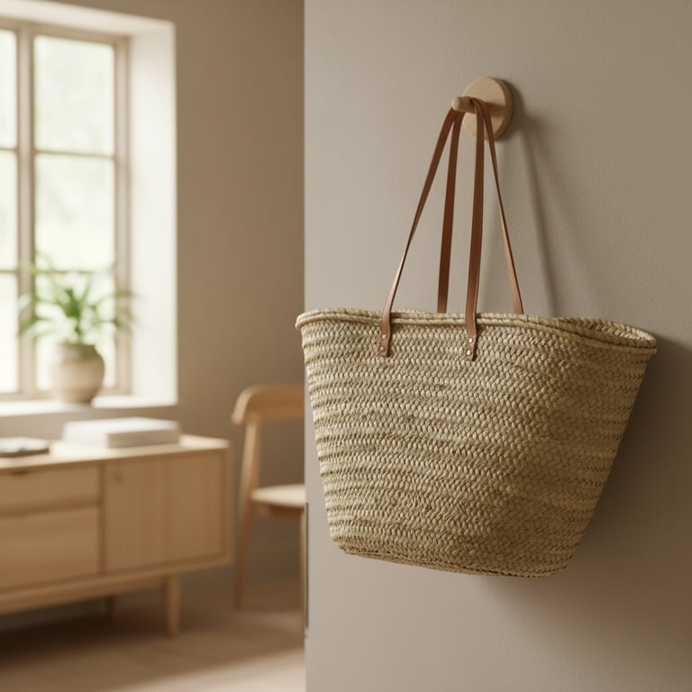 Flettet kurv med læderhåndtag hænger på rund knage på væg i lyst, minimalistisk rum med træmøbler og vindue med plante.