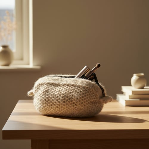 Beige strikket toilettaske med makeupbørster på et lyst træbord i et solbeskinnet rum. (1)