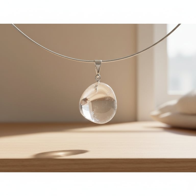 Nært billede af en gennemsigtig krystalvedhæng på en tynd sølvkæde hængende over et lyst træbord i blødt naturligt lys. (2)