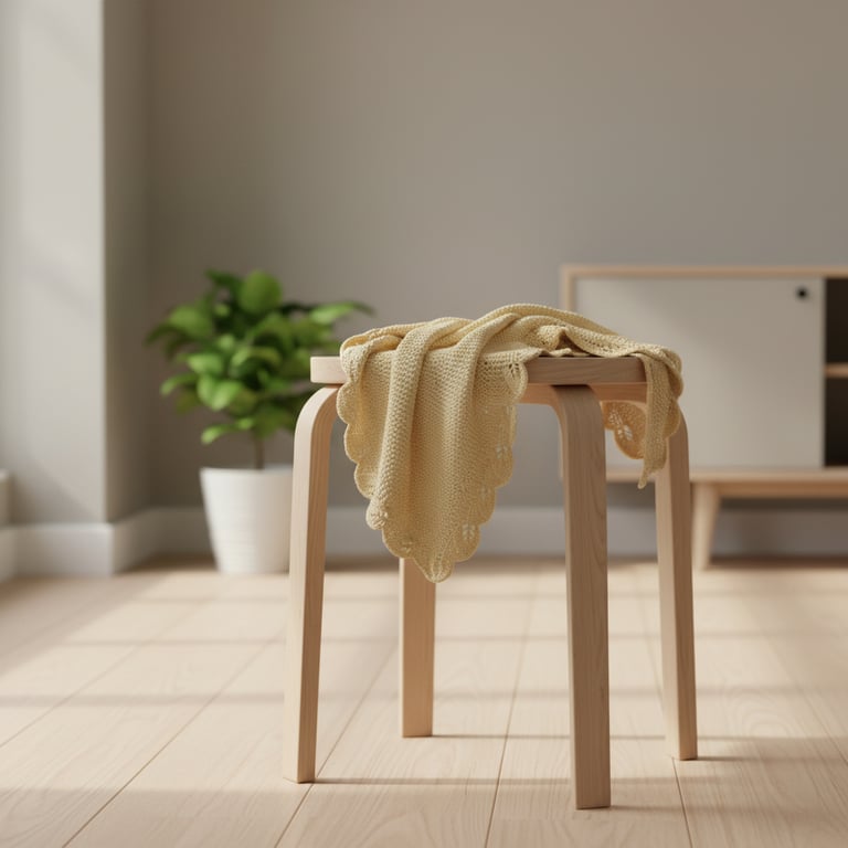 Lyse trækonstruktion med en beige strikket klud hængende over, placeret på lyst trægulv med en grøn plante i en hvid potte og et møbel i baggrunden. (3)