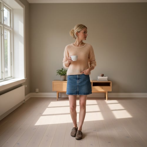 Kvinde iført beige sweater og jeansnederdel, står i lyse rum med kop i hånden og kigger ud af vindue. (5)