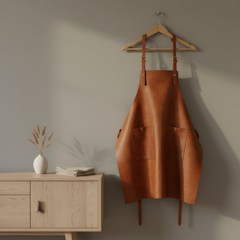 Brunt læderforklæde hængende på en træbøjle mod en beige væg, ved siden af et lyst træskab med en vase og foldede stofservietter.