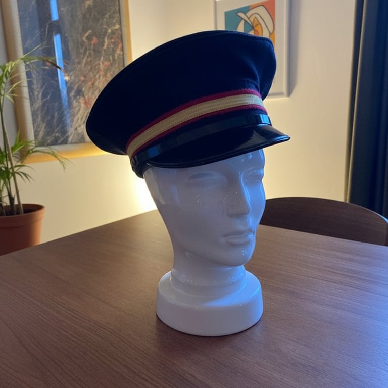 En hvid mannequin-hovedmodel med en mørkeblå uniformskasket, der har en rød og beige stribe, placeret på et brunt bord i et rum med planter og vægkunst.