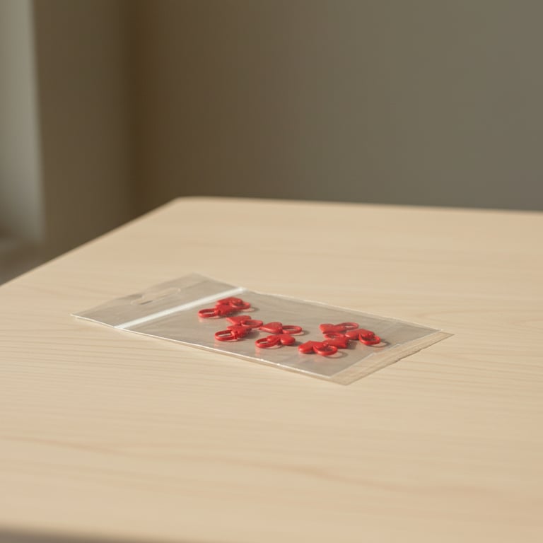 Gennemsigtig plastikpose med små røde lynlåse på et lyst træbord.