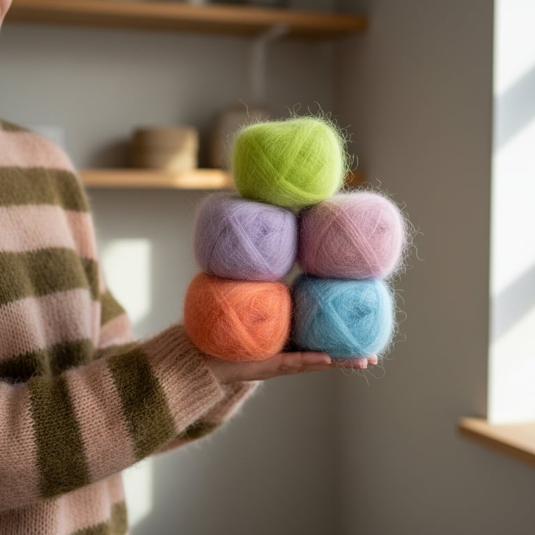 Hånd, iført stribet sweater i beige og grøn, holder en pyramide af seks farvede garnnøgler i lysegrøn, lilla, lyserød, orange og blå i et lyst rum.