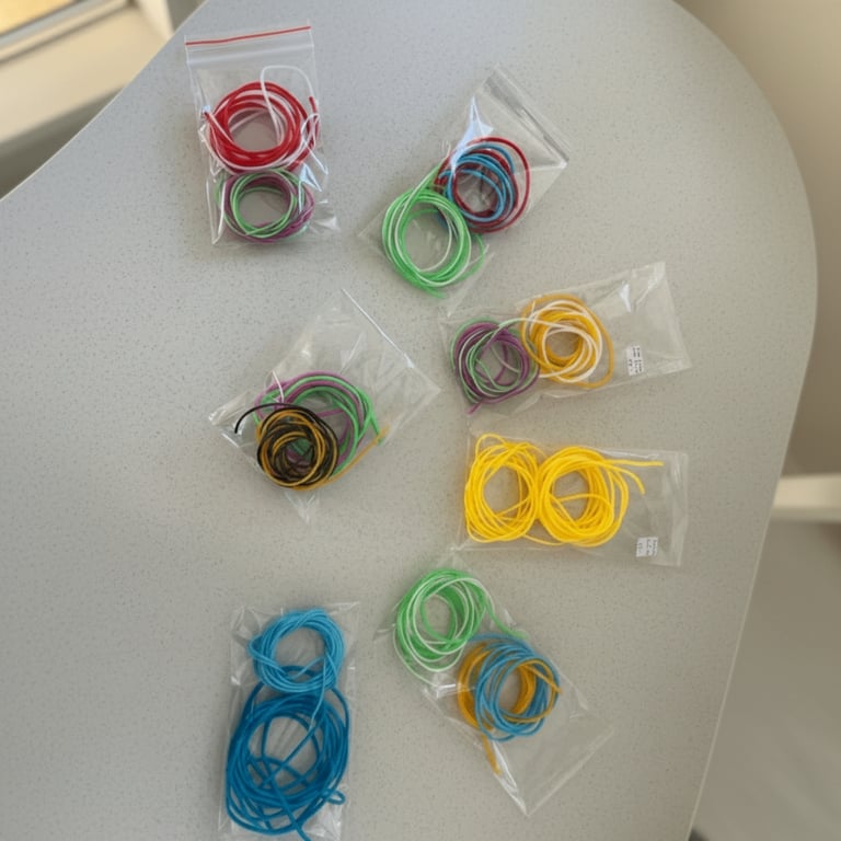Syv poser med elastikker i forskellige farver, placeret på et lyst bord.