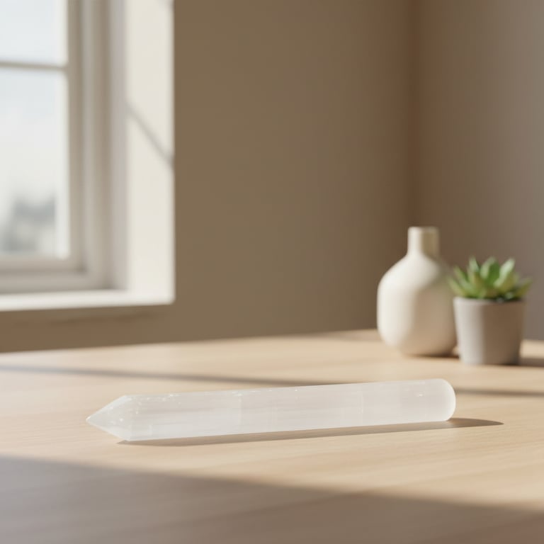 Lang, gennemsigtig krystalstav lagt på et lyst træbord med en lille plante og hvid vase i baggrunden ved et oplyst vindue.