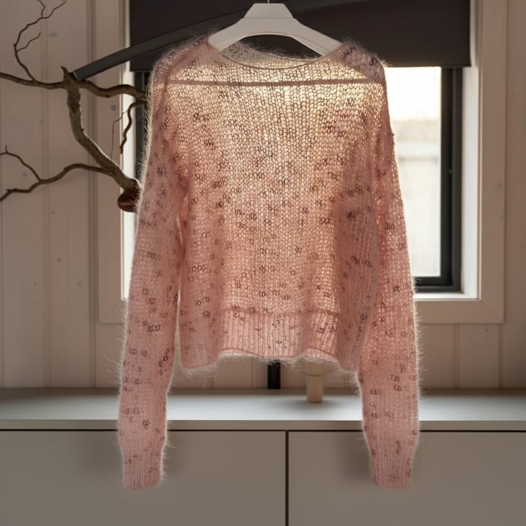 Lyserød, tynd, strikket trøje hængende på bøjle foran et vindue med træpaneler og en gren i baggrunden. (4)
