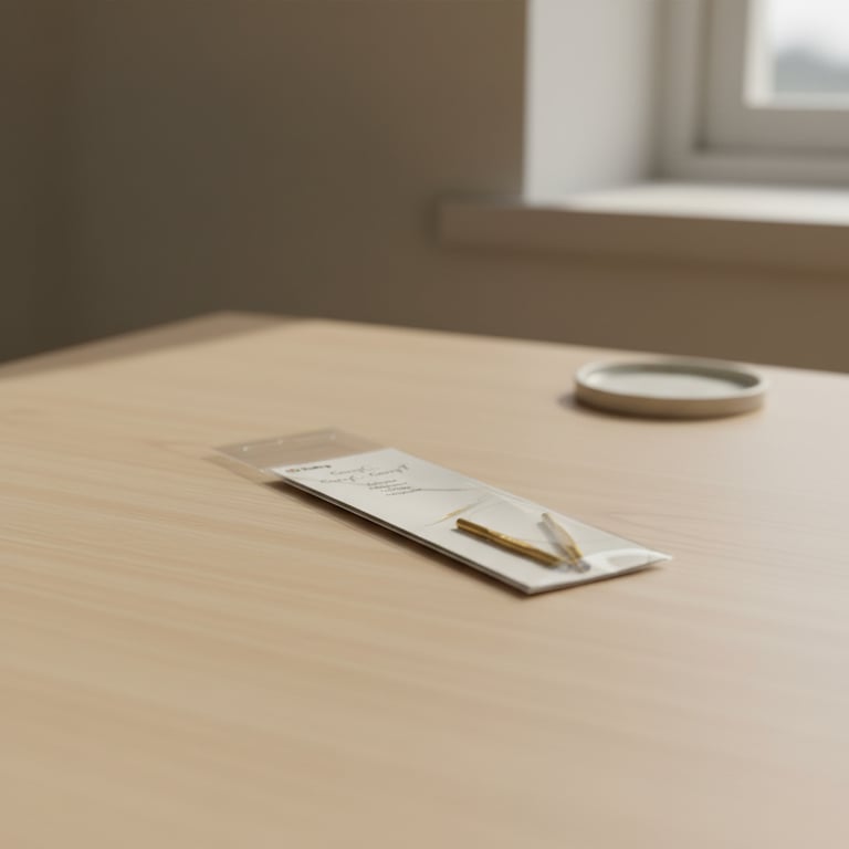 En lys træbordplade med en lille plastikpose, der indeholder to små, gyldne metalgenstande, og en rund underkop i baggrunden ved et vindue.