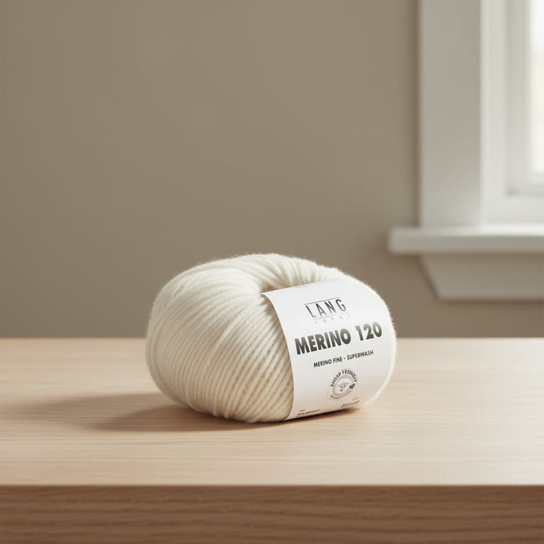 En nøgle hvidt garn af mærket Lang Yarns Merino 120 placeret på et lyst træbord med en beige væg og vindue i baggrunden.