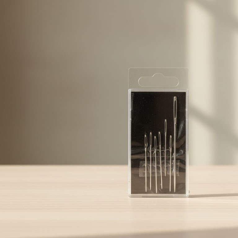 En pakke med sygnåle i forskellig størrelse stående på et lyst bord med en neutral væg i baggrunden.