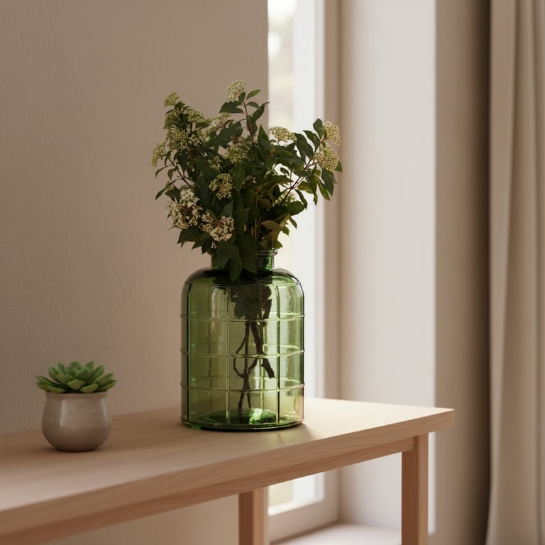 Grøn glasskål med hvide blomster på et lyst træbord ved siden af en lille sukkulentplante i grå potte, med lys fra vindue og beige gardiner i baggrunden.