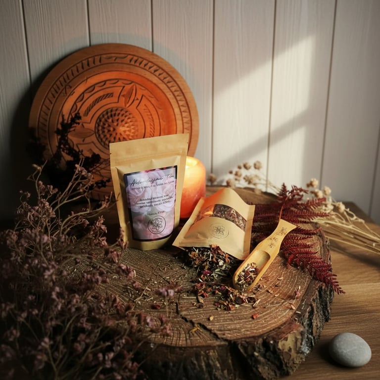 To pakker med te på et rundt træskive, omgivet af tørrede blomster, en tændt stearinlys og et dekorativt træfad mod en lys trævæg.