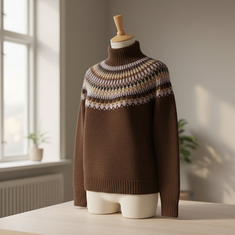 Brunt strikket sweater med flerfarvet mønster rundt om skuldrene, vist på en mannequin i et lyst rum.