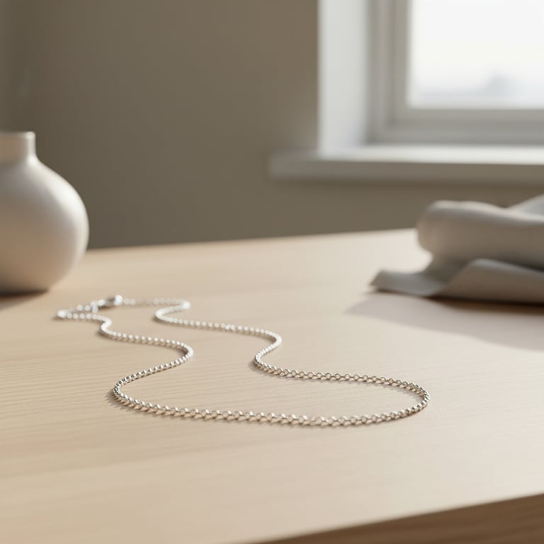 Sølvkæde lagt ud på lyst træbord med svag baggrund af vase og stof ved vindue.