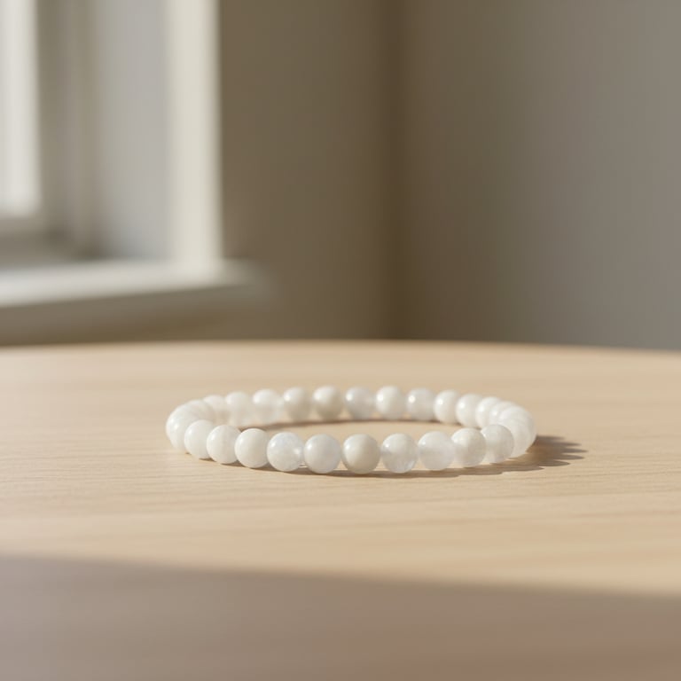 Hvid perlearmbånd lagt på et lyst træbord med blødt naturligt lys.