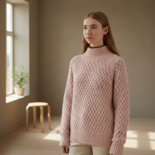 Ung kvinde iført lyserød, strikket sweater med høj hals, stående i et lyst rum ved vindue med plante og træskammel. (3)