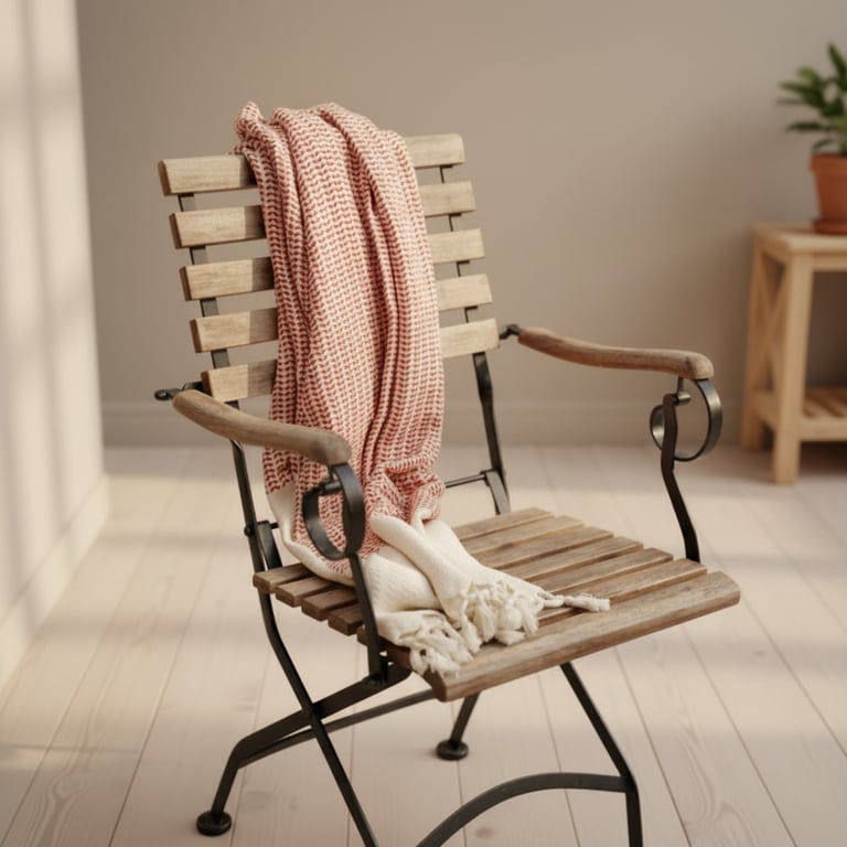 Træ- og jernstol med to foldede plaider i creme og rosa hængende over ryglænet, placeret i lyst, minimalistisk rum med træbord og plante i baggrunden.