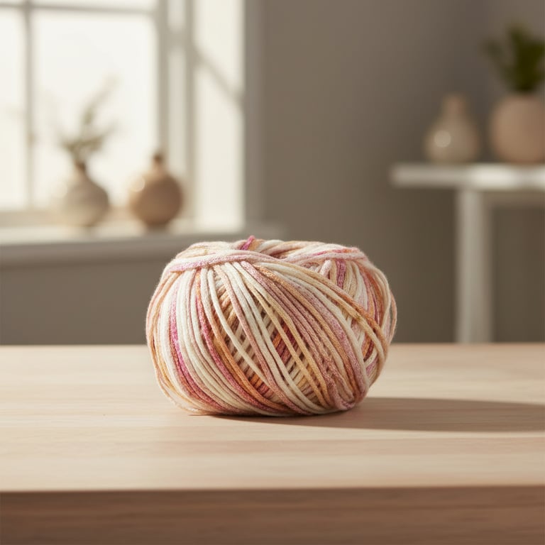 En nøgle flerfarvet garn i nuancer af beige, rosa og orange på et lyst træbord med sløret baggrund af vindue og dekorative vaser.