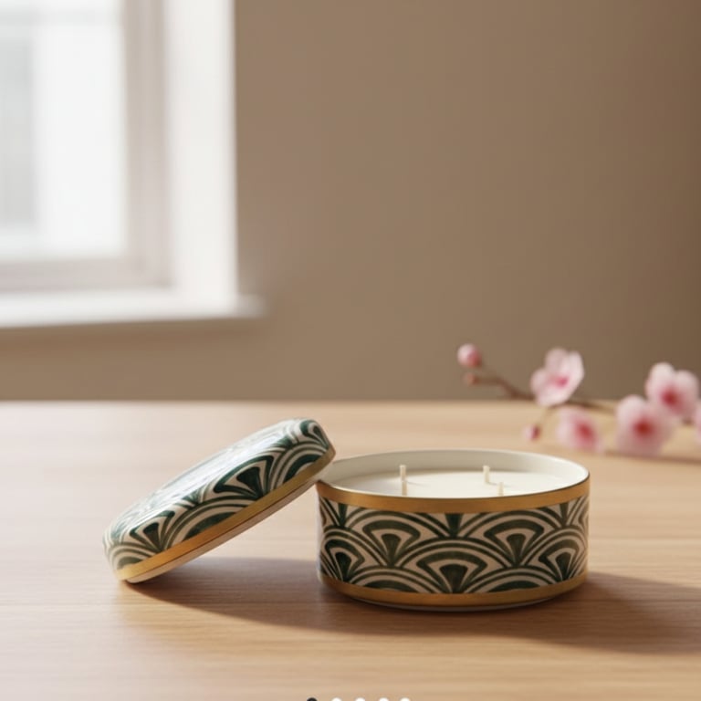 Lys med låg med grønt og guld mønster på en træbordplade med sløret lyserød blomst i baggrunden.