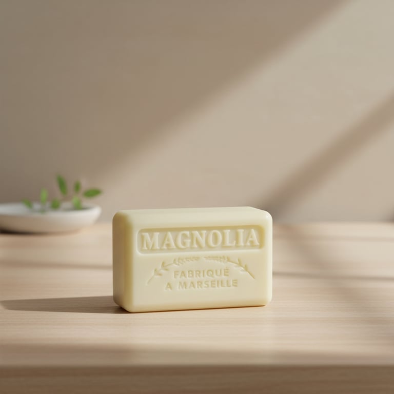 Stilrent billede af en beige sæbebar med teksten "Magnolia Fabriqué à Marseille" på, placeret på et lyst træbord med blødt sollys og en lille hvid skål med grønne blade i baggrunden.
