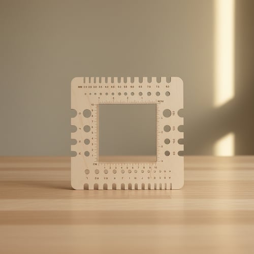 Tilbehør: Pindemåler og strikkefasthedsramme i træ 19,5 * 19,8 cm