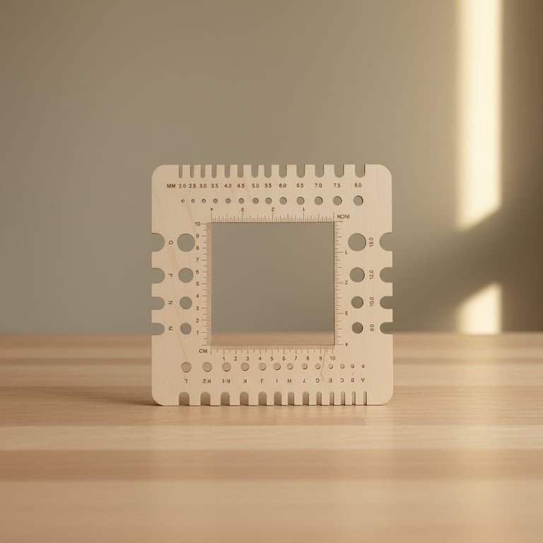 Et firkantet, lyst måleværktøj af træ med forskellige huller, centimeter- og millimeter-skalaer, placeret på et lyst træbord mod en beige baggrund med blødt lys.