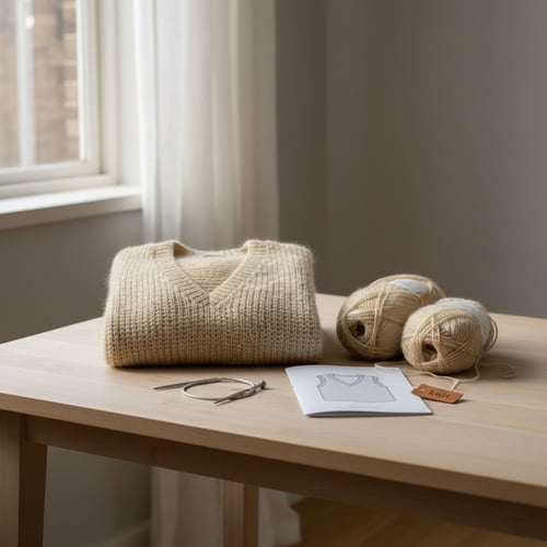 Foldet beige striktrøje på bord ved siden af to nøgler garn, strikkepinde og en opskrift. (7)