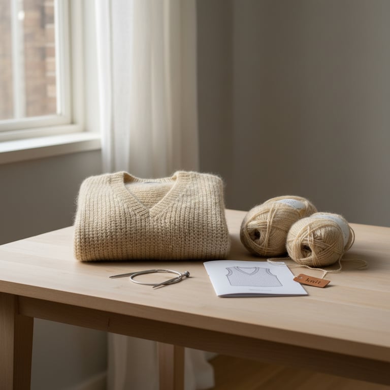 Foldet beige striktrøje på bord ved siden af to nøgler garn, strikkepinde og en opskrift. (7)