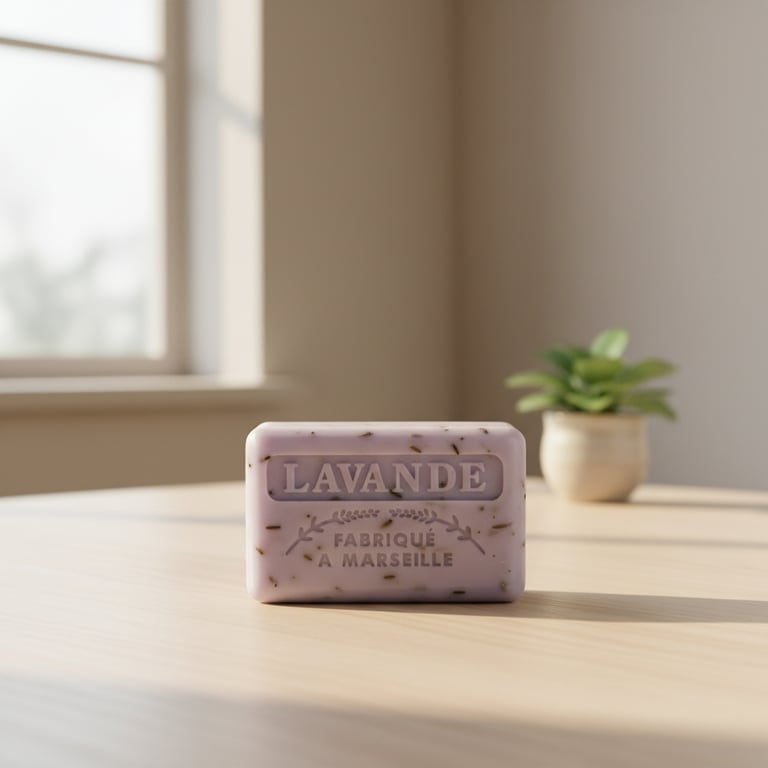 En lavendelduftende sæbestang med teksten "LAVANDE FABRIQUÉ À MARSEILLE" placeret på et lyst bord med en grøn plante i en lille krukke i baggrunden.