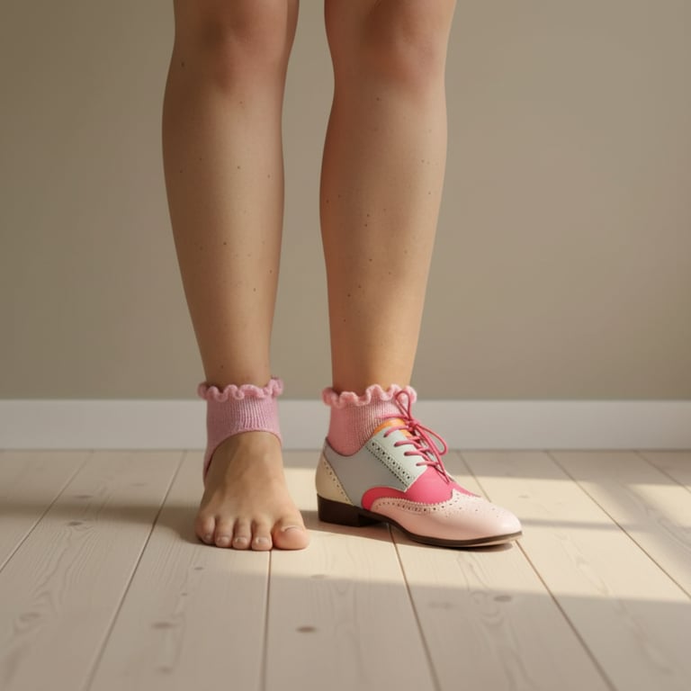 Person står på lyst trægulv med bare fødder på venstre fod og pink sko med pink sokker på højre fod.