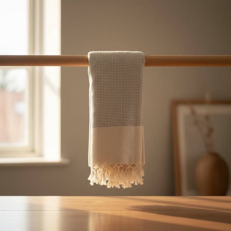 En beige og hvid hænget tekstil med frynser, der hænger over en træstang i et lyst rum med blødt naturligt lys.